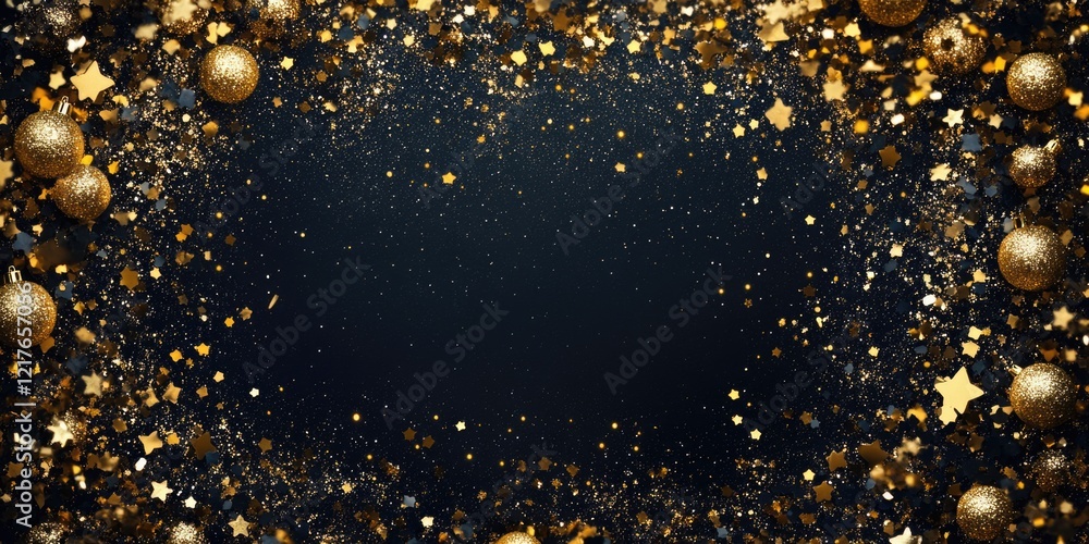 Poster elegant holiday background featuring gold ornaments and confetti with stars ideal for print designs 