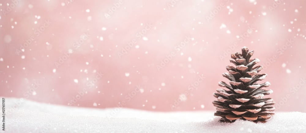 Aufkleber abstract winter scene with fir tree and falling pine cones on pink snow featuring blank space for te