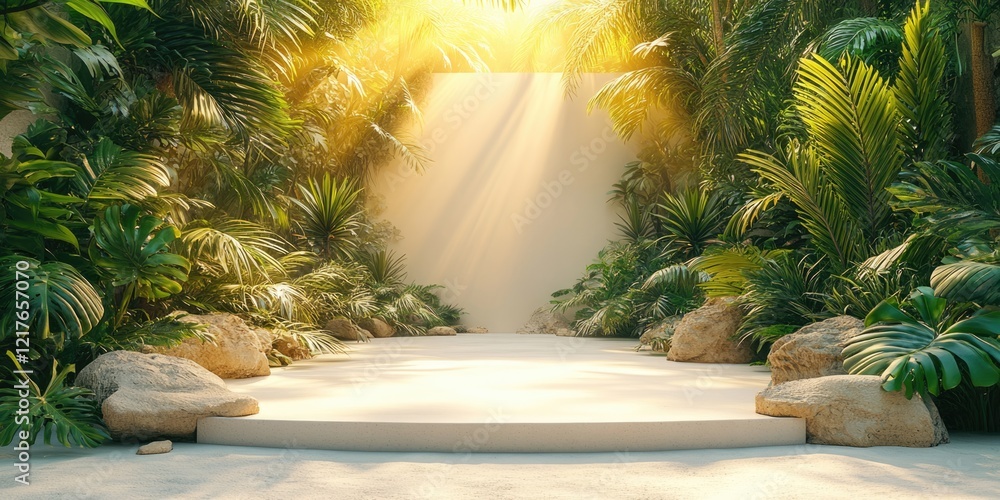 Poster tropical plants in sunny desert setting with bright light rays creating a blank vertical advertising