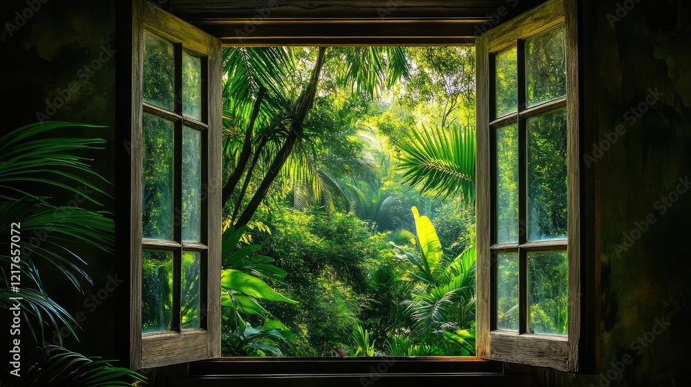 Poster lush green jungle seen through an open window with wooden frames featuring copy space for text place