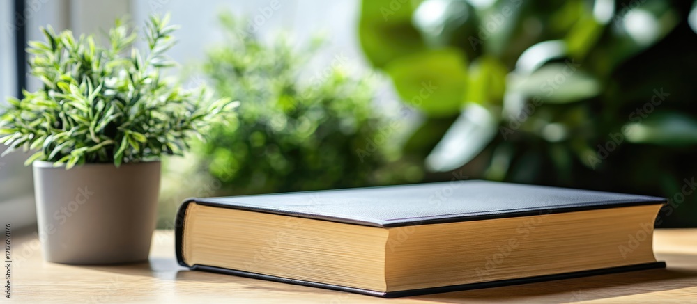 Poster blank book cover mockup on a table with green plant background for custom text and design opportunit