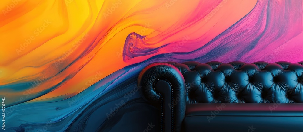 Poster black leather sofa against a vibrant abstract background featuring colorful waves and generous copys