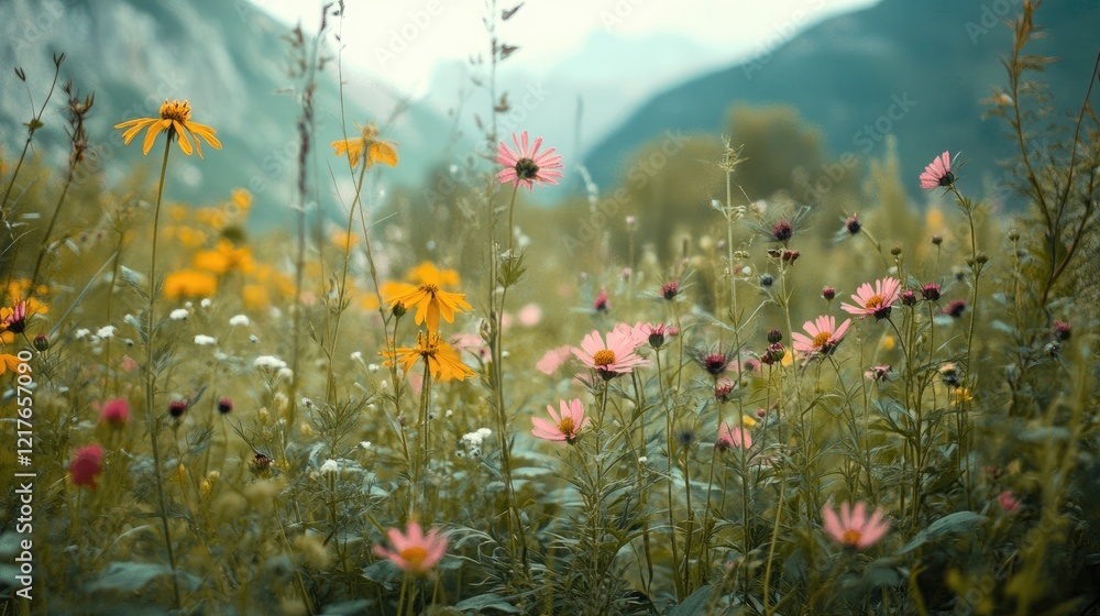 Poster colorful wildflowers in a summer meadow with blurred background creating a romantic atmosphere and a