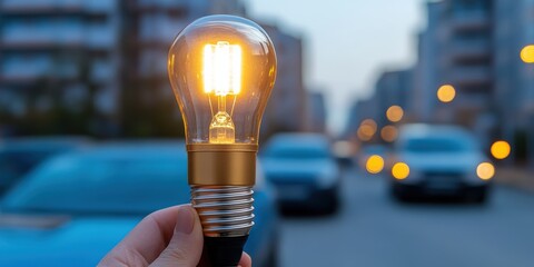 A lit bulb held against blurred urban evening traffic; the glowing filament contrasts with the cool city tones in a creative representation of innovation.