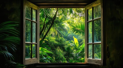 Lush green jungle seen through an open window with wooden frames featuring copy space for text...