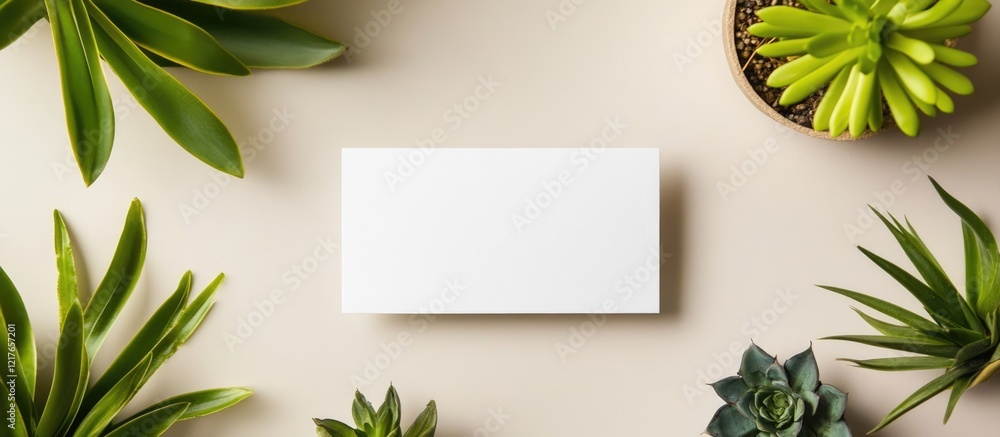 Poster Blank Business Card Mockup Surrounded by Green Plants in Flat Lay Style with Ample Copyspace for Custom Text and Branding Elements