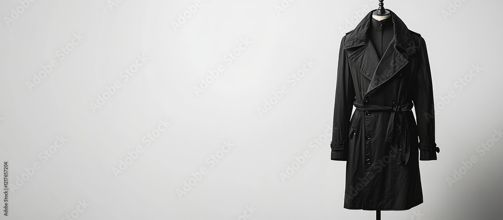 Poster black trench coat displayed on mannequin against neutral background with ample copyspace for brandin