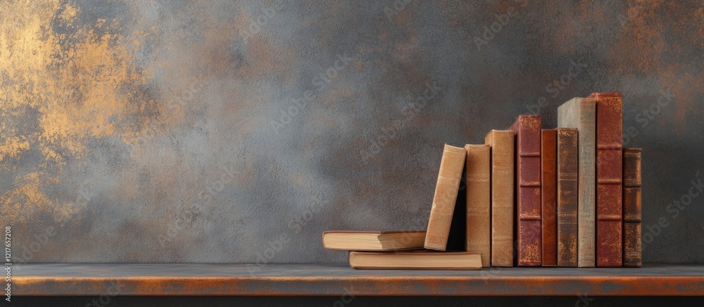 Aufkleber stacked vintage books on a wooden shelf in a dimly lit room with textured background and ample copys