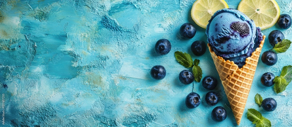 Aufkleber blueberry ice cream cone with fresh berries and mint on a vibrant turquoise background showcasing am