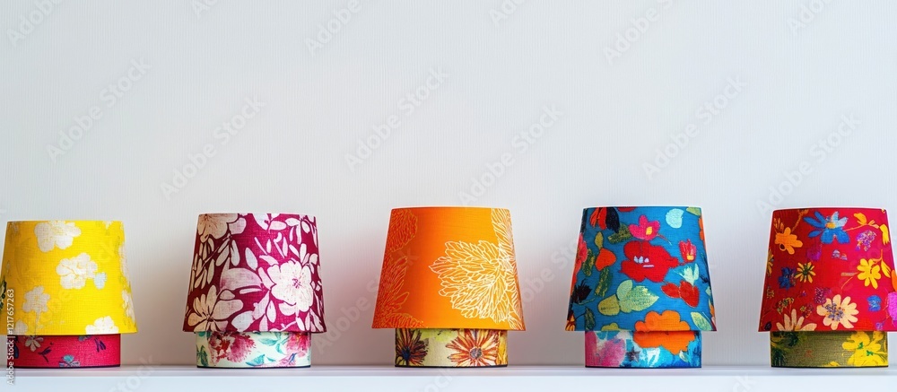 Poster Colorful decorative lampshades featuring diverse floral patterns arranged on a simple white backdrop with ample space for text inclusion