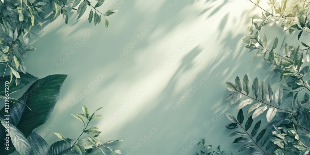 Poster lush green leaves wallpaper with sunlit plants creating a serene atmosphere and ample empty space fo