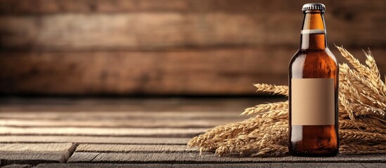 Brewery beer bottle placement on wooden surface with empty label space for customization and wheat accents in rustic setting