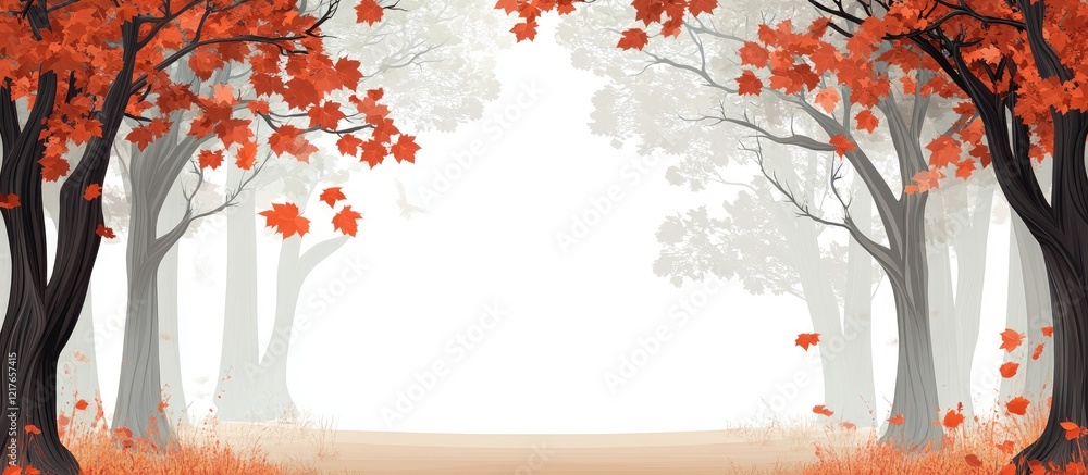 Poster Autumn Forest Scene with Black Trunked Trees and Vibrant Red Leaves Creating a Serene Background with Copyspace for Text