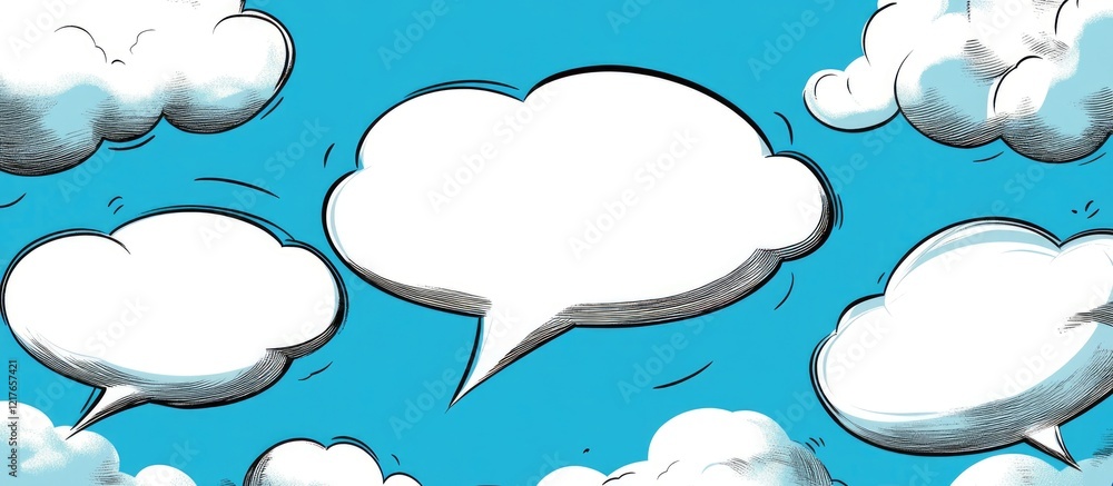 Poster blank comic templates featuring dialogue bubbles and speech lines on a bright blue background for cr