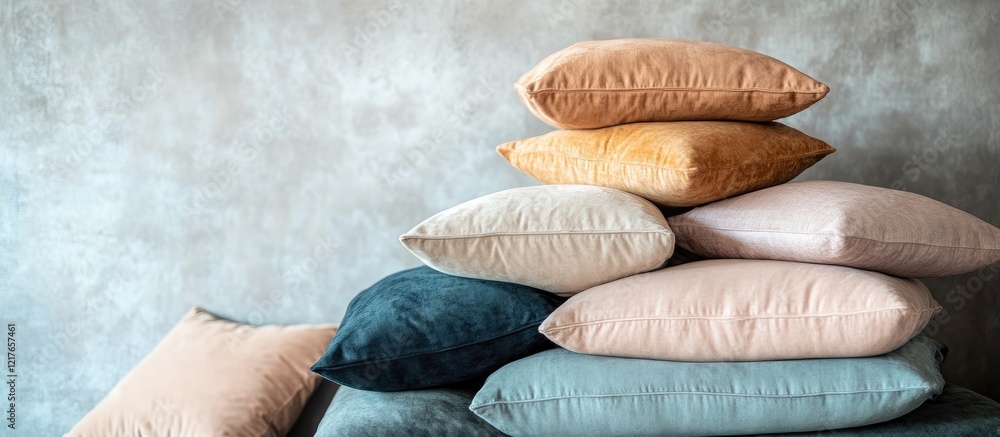 Poster stacked soft pillows in soothing colors against a textured backdrop creating a cozy and inviting hom