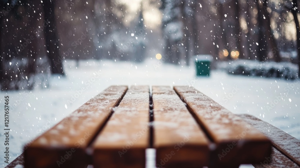 Poster Winter Christmas scene with snow falling on wooden tabletop and blurred snowy pathway background providing ample space for text and messages