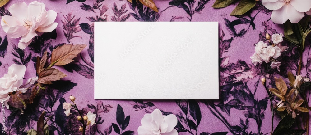 Poster blank card mockup surrounded by purple floral elements offering ample copyspace for personalized tex