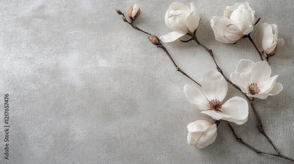 Poster magnolia flowers on branch against textured gray background with copy space for text placement