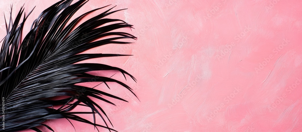Poster elegant black palm leaf against soft pink background for stylish banner design with ample copy space