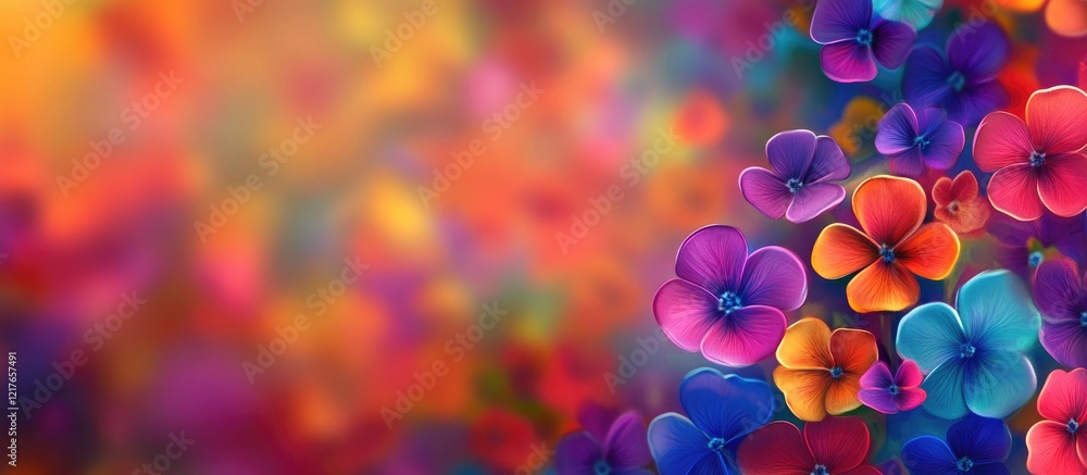 Poster vibrant floral background with colorful flowers and blurred bokeh effect for creative text or design