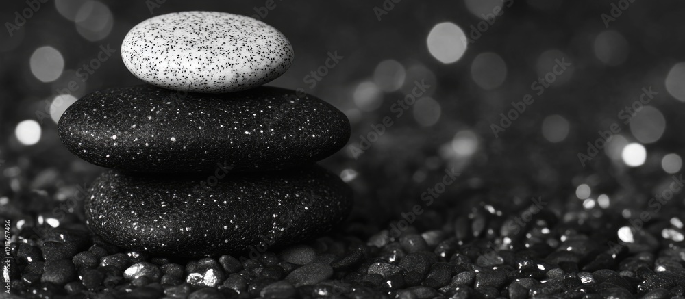 Poster stacked black and white stones on a textured grey pebbles background with ample space for text and d