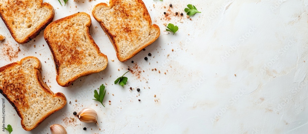 Poster toasted bread slices with herbs and garlic on a rustic surface with copy space for text placement