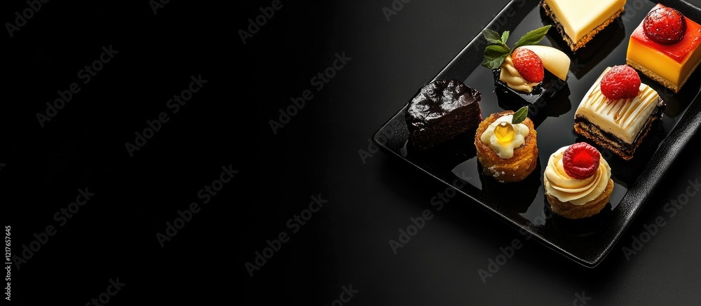 Aufkleber assorted desserts and pastries on a black square plate with a black background and ample copyspace f