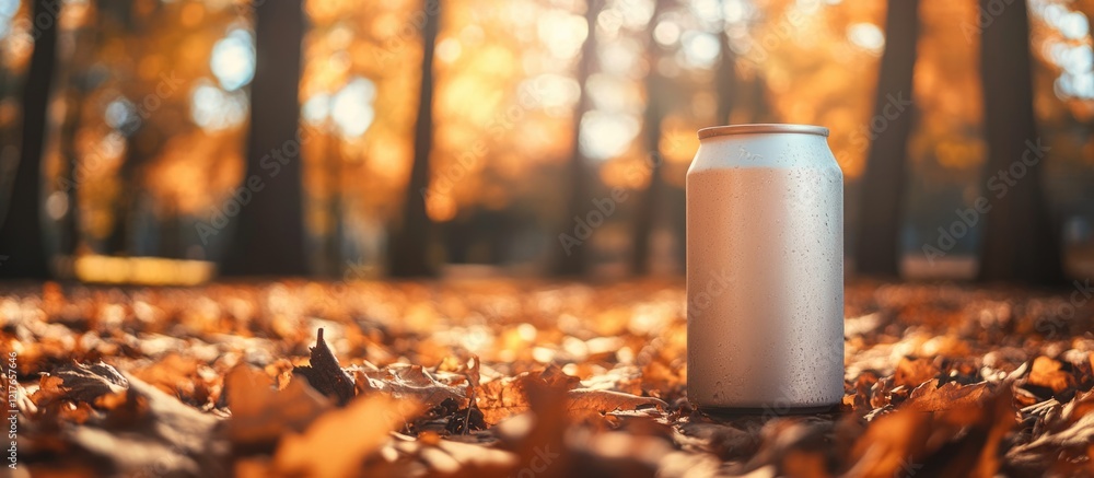 Poster cider can mockup in autumn park surrounded by colorful leaves and copyspace for text representation