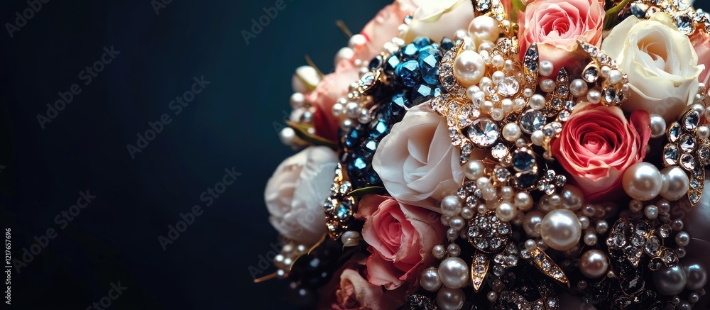 Aufkleber bridal bouquet featuring roses pearls and decorative gems against a dark background with ample copy 