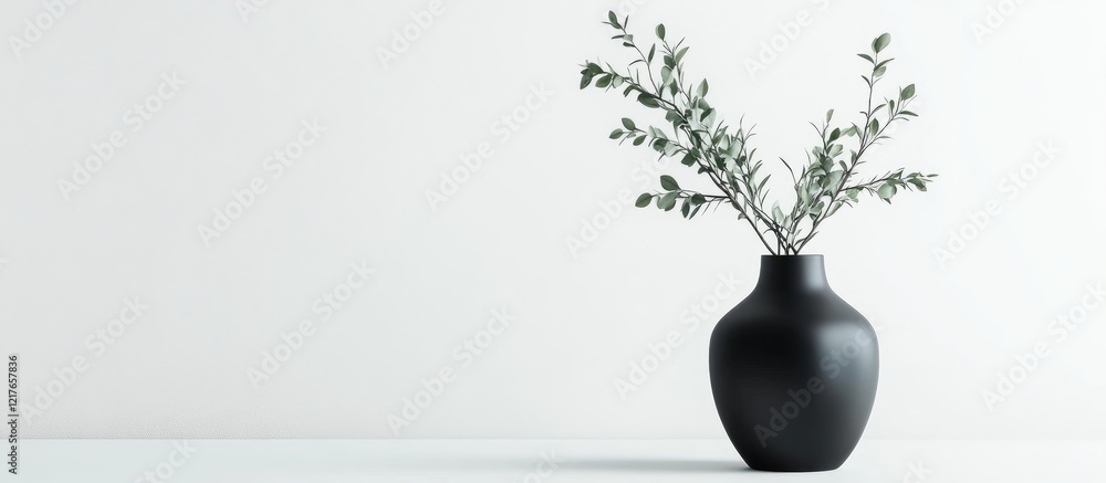 Poster elegant black vase with fresh foliage on minimalist white background ideal for home decor and text p