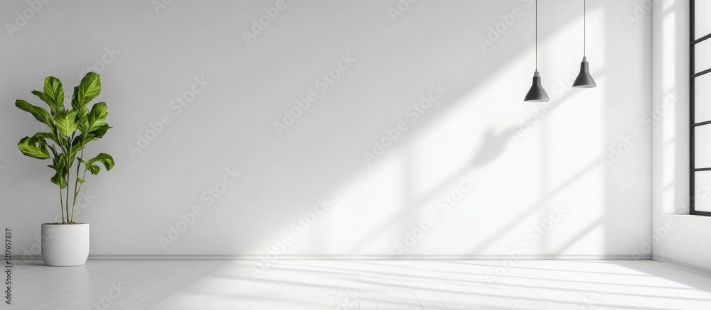 Poster minimalist modern office space with natural light showcasing empty area for text and a decorative pl
