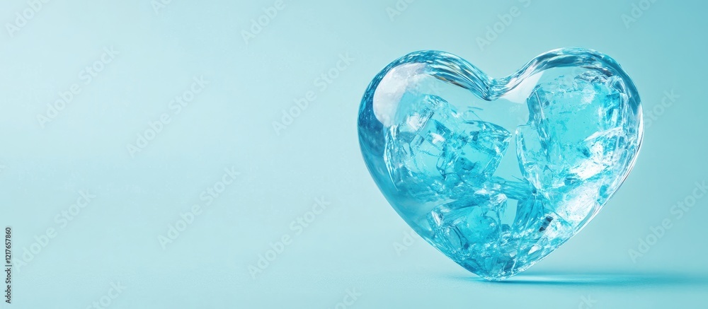 Poster aquamarine heart shaped acrylic decorative piece on soft blue background with space for custom text 