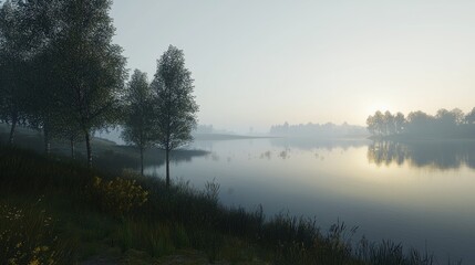 Fototapeta premium Misty sunrise lake, trees, calm water, tranquil scene, nature background, idyllic landscape, website banner
