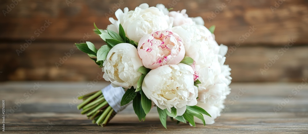 Aufkleber Bridal bouquet of peonies on rustic wooden backdrop with ample empty space for personalized text or messaging.