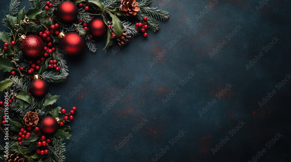 Poster elegant christmas wreath with red ornaments and greenery creating a festive backdrop with ample empt