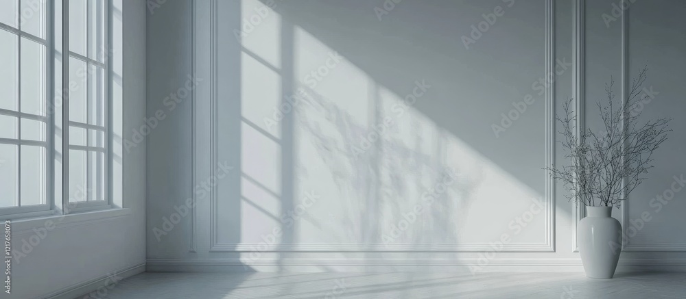 Poster elegant light gray interior design featuring ample natural light, minimalist decor, and empty space 
