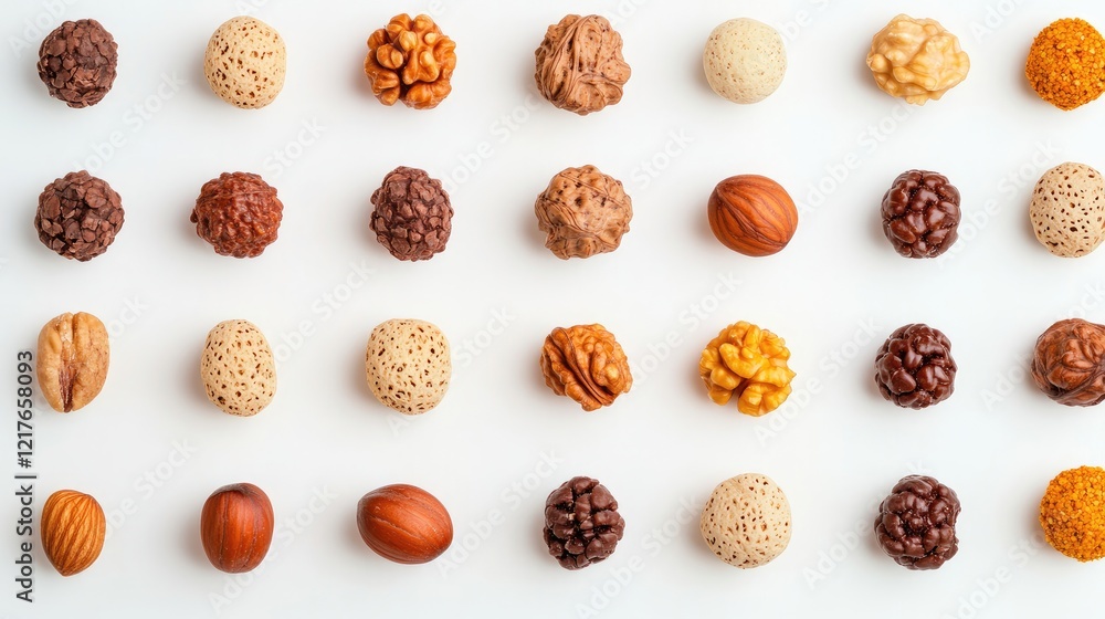 Poster variety of nuts displayed in a grid pattern on a clean white background showcasing natural textures 