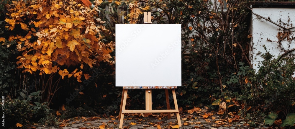 Poster Blank Canvas on Easel Surrounded by Vibrant Autumn Leaves Perfect for Art Gallery Exhibition Setup with Space for Custom Text