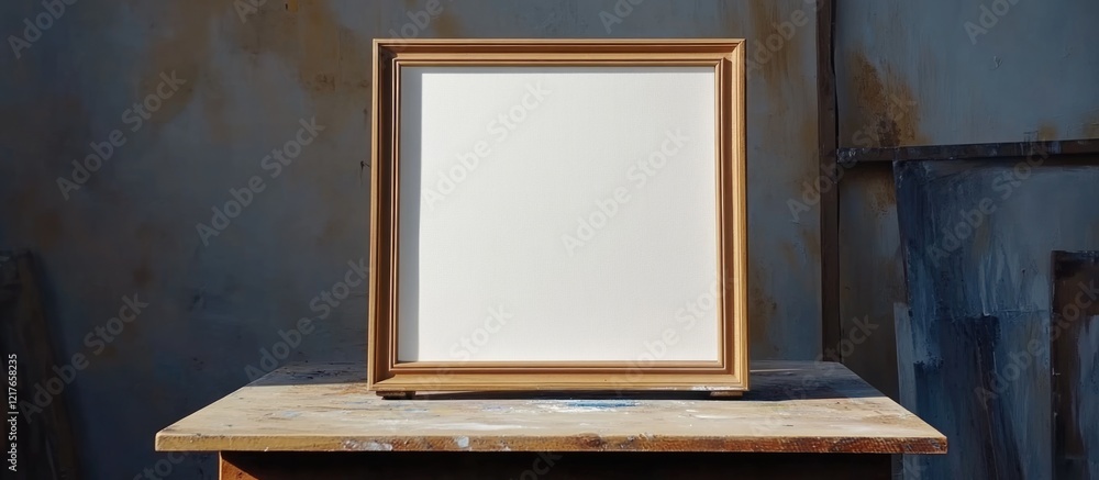 Poster blank canvas in wooden frame on table against wall for creative opportunities and artistic inspirati