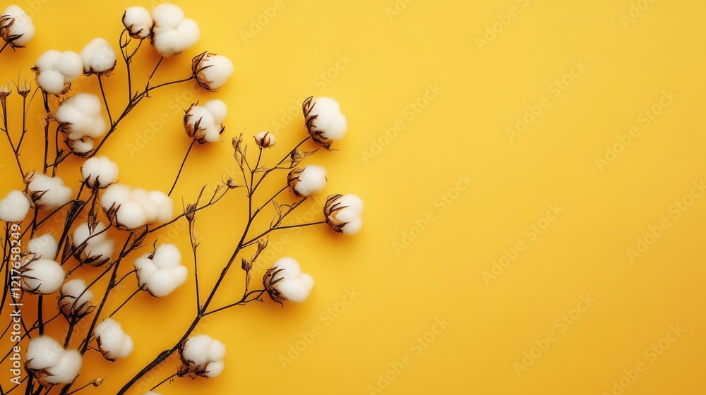 Poster cotton branch with white bolls on yellow background with copy space for text or design elements