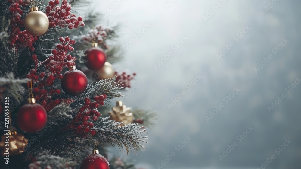 Poster christmas tree decorated with red and gold ornaments in a winter setting with soft focus background 