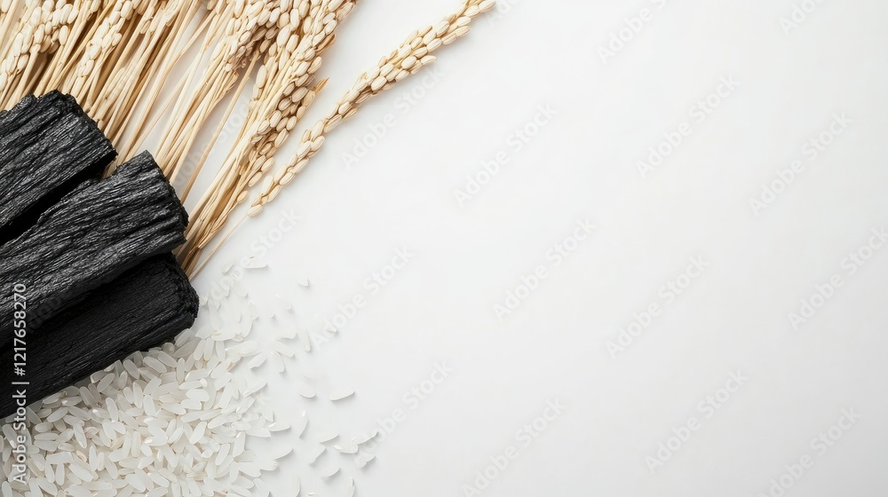 Poster bamboo charcoal and koshihikari rice grains on a white background for health and diet concepts with 