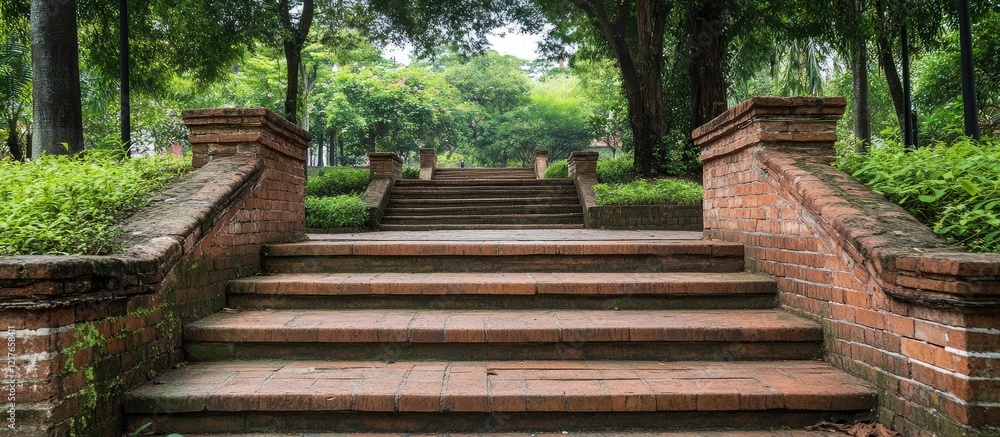 Poster Brick Steps Ramp in Traditional Park Surrounded by Lush Greenery and Old Architecture Featuring Ample Space for Adding Custom Text