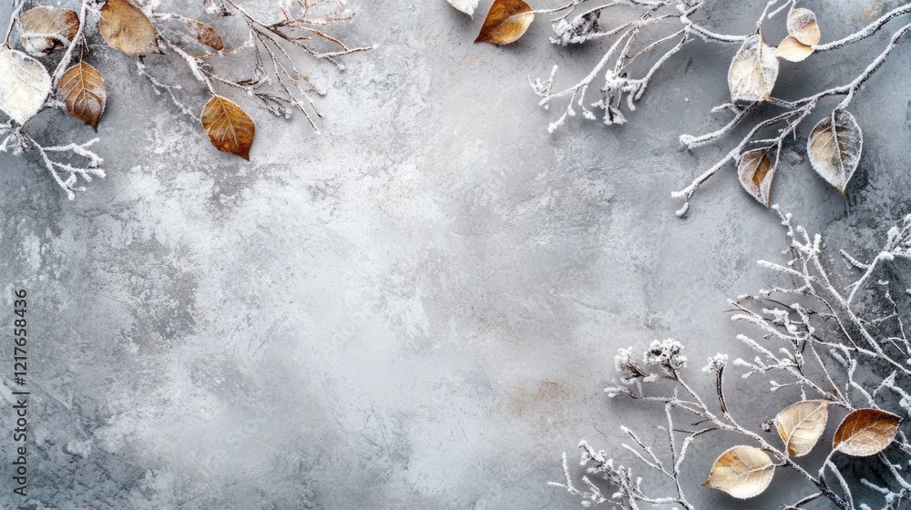 Poster frosted leaves and branches on textured gray background with copy space for seasonal design or text 