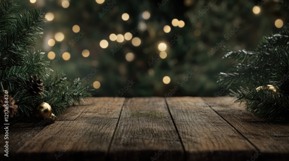 Poster christmas mockup banner on rustic wooden table with blank space for text surrounded by evergreen bra