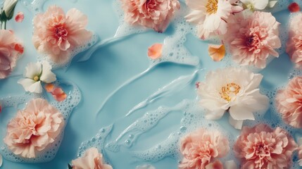 Soft pink flowers floating on a blue water surface with bubbles and petals, ideal for backgrounds with Copy Space.
