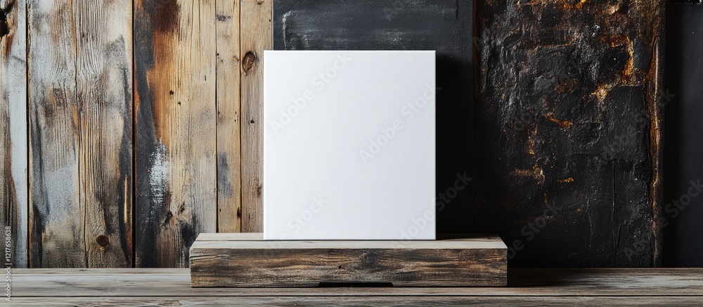 Poster Blank Canvas Mockup on Rustic Wood Background Ideal for Custom Text and Artwork Insertion