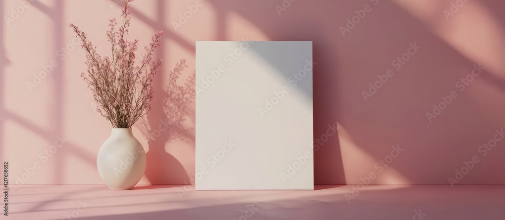Poster minimalistic blank canvas on pink wall with vase and natural light for creative text and design idea