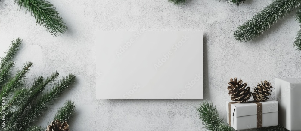 Poster blank greeting card mockup surrounded by festive decor with copy space for personalized messages and