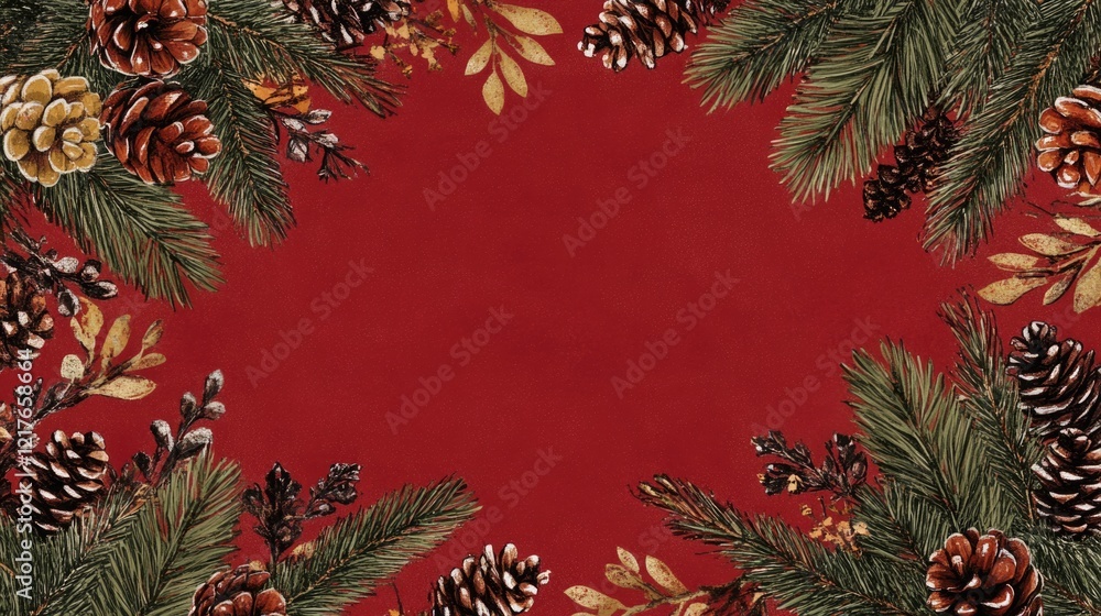 Poster christmas themed frame composed of pine branches and pine cones on red background with copy space fo
